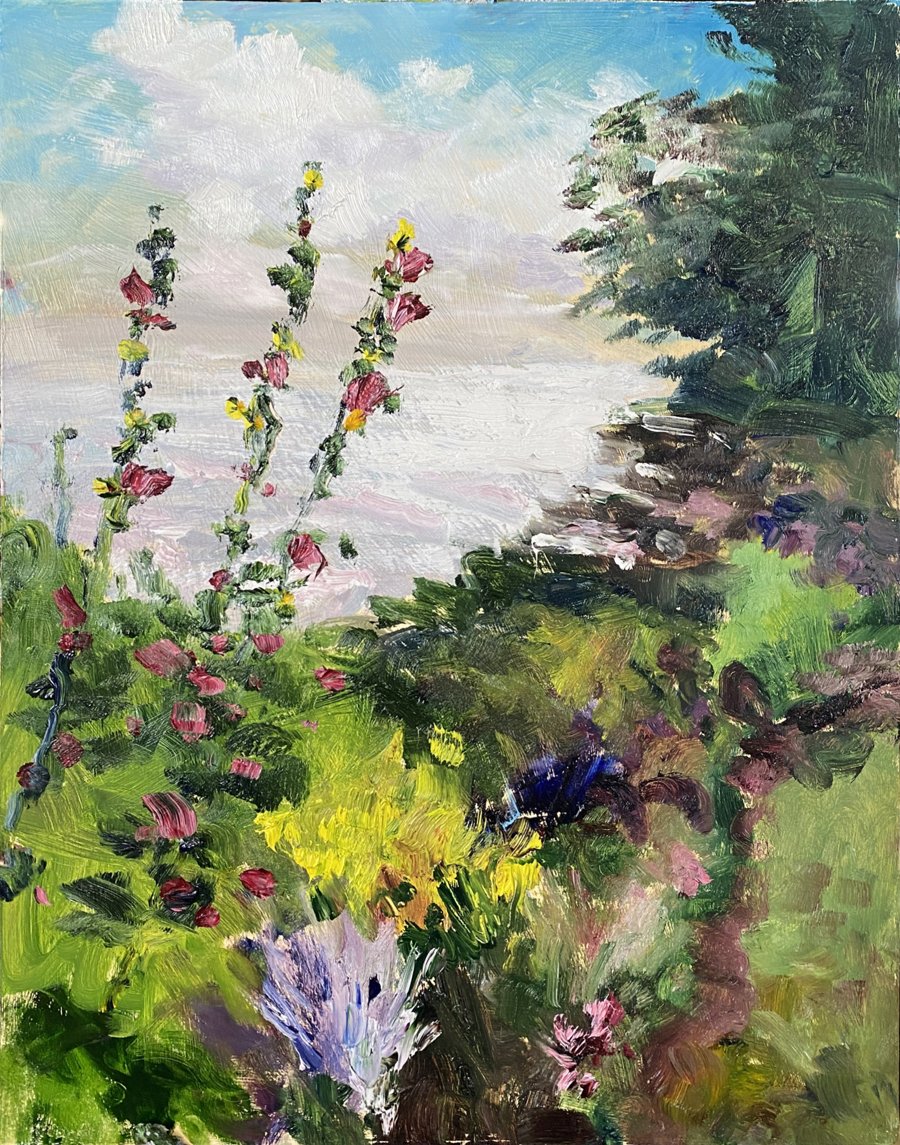 Hollyhocks at Lakeside by Tricia Kaman