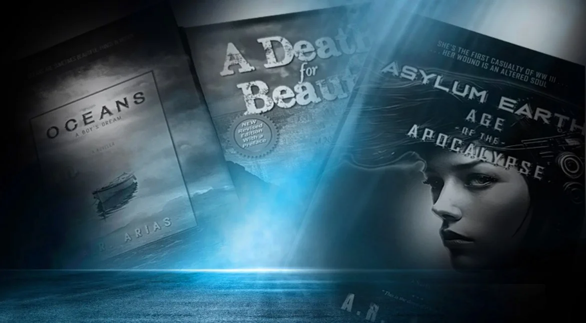 Images of three book covers with a blue-toned background and a woman's face on the right side. The books are titled 'Oceans: A Boy's Dream,' 'A Death for Beauty,' and 'Asylum Earth: Age of the Apocalypse.'