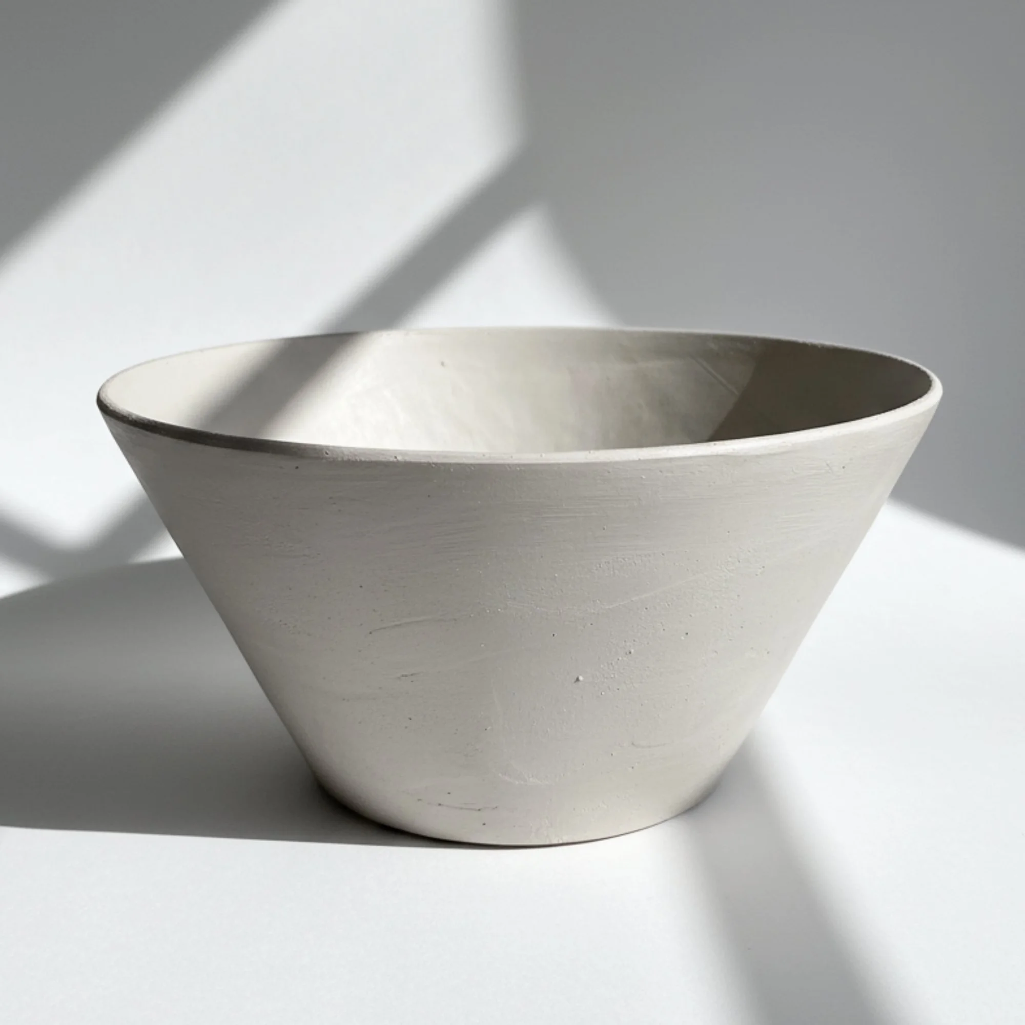 Leather-hard handbuilt bowl created with slab template, minimal design, authentic ceramic texture, and gentle window-light shadows.