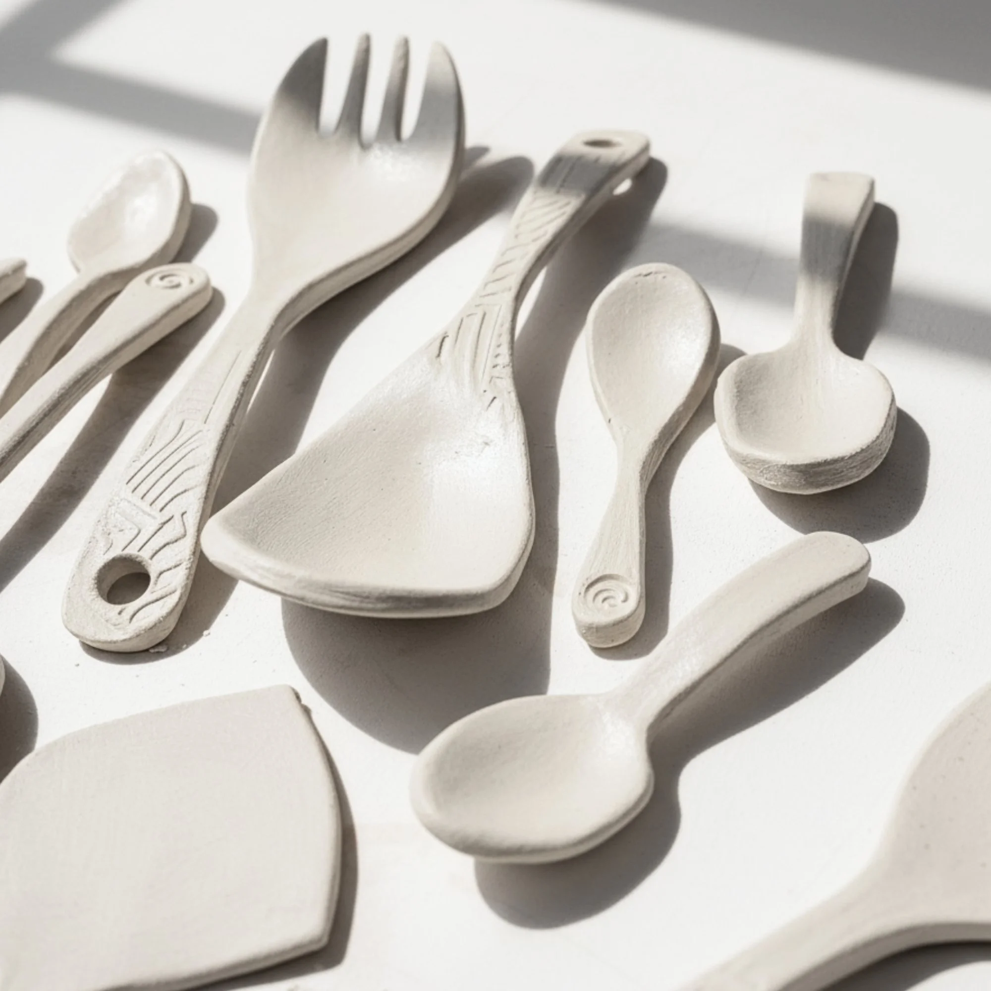Pottery spoon template set arranged flat for display, with assorted shapes and handle designs, ideal for beginner DIY ceramics projects.