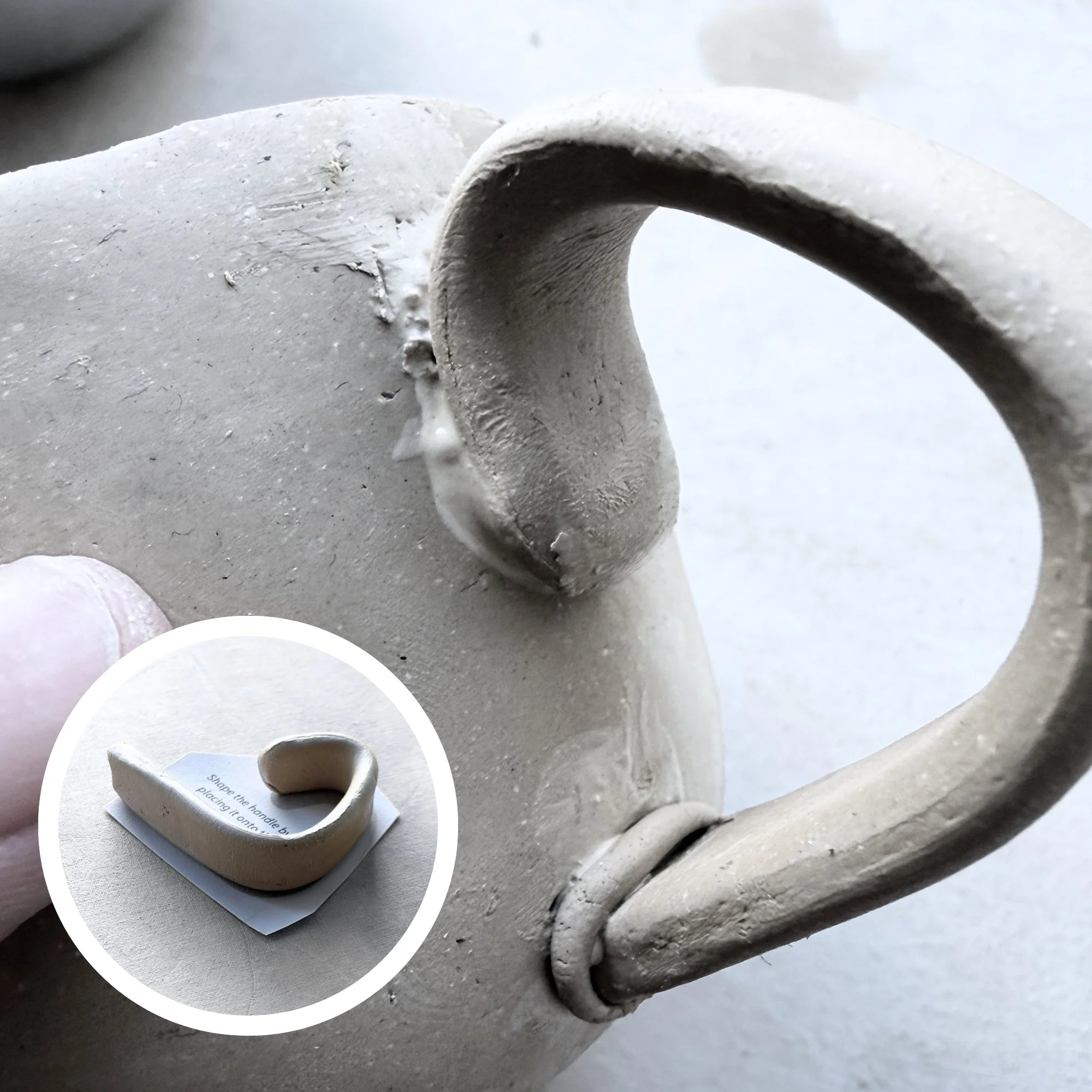 Close-up of round mug handle attached, handmade pottery template, beginner-friendly ceramic technique, perfect for DIY espresso lover gifts.