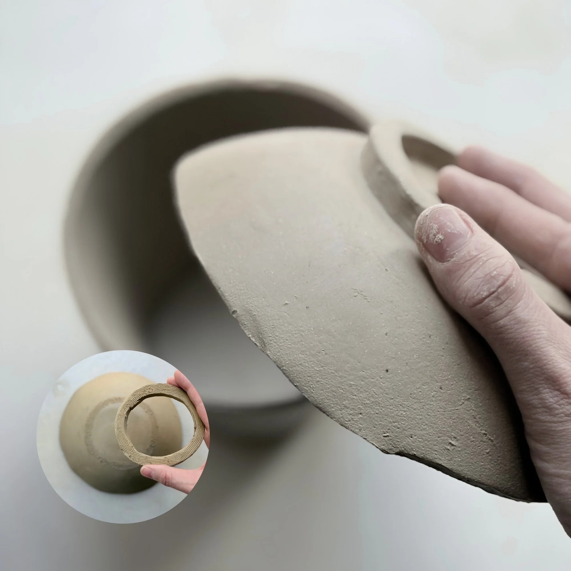 The base of a slab-built teapot being attached to the wall as well as a picture of the foodring beeing attached to the base.
