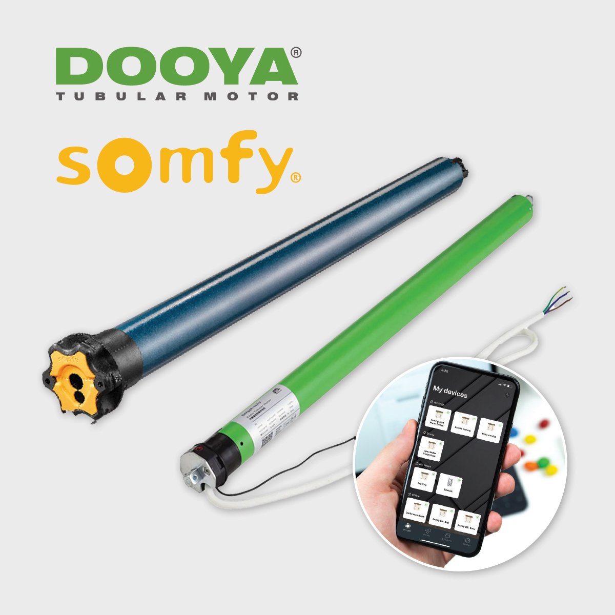 A Dooya tubular motor for window coverings with a green motor tube, a blue roller, and a smartphone control app displayed in a circular inset.