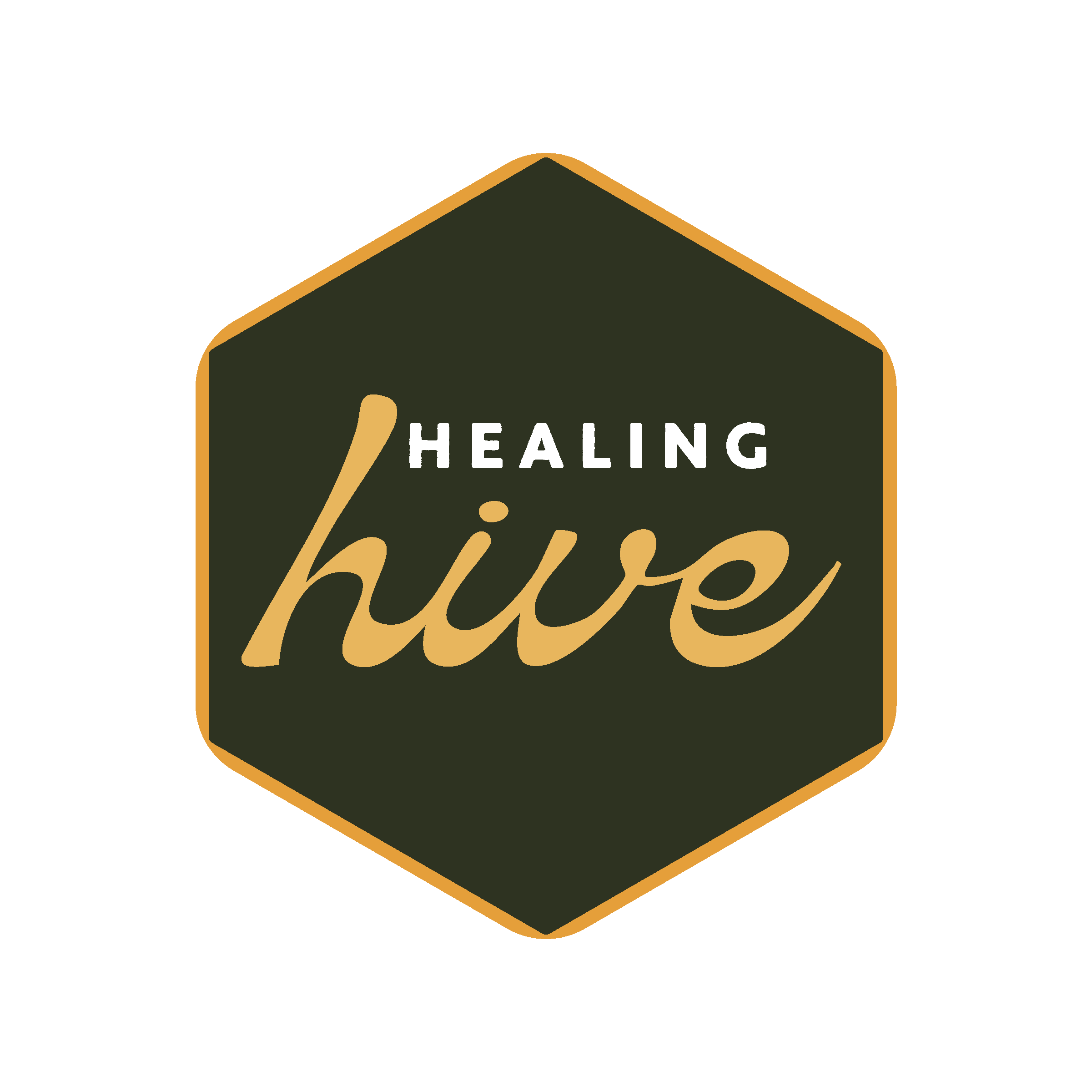 Logo with a green hexagon outline and the words "Healing Hike" inside, with "Healing" in white uppercase letters and "hike" in stylized cursive in gold color.