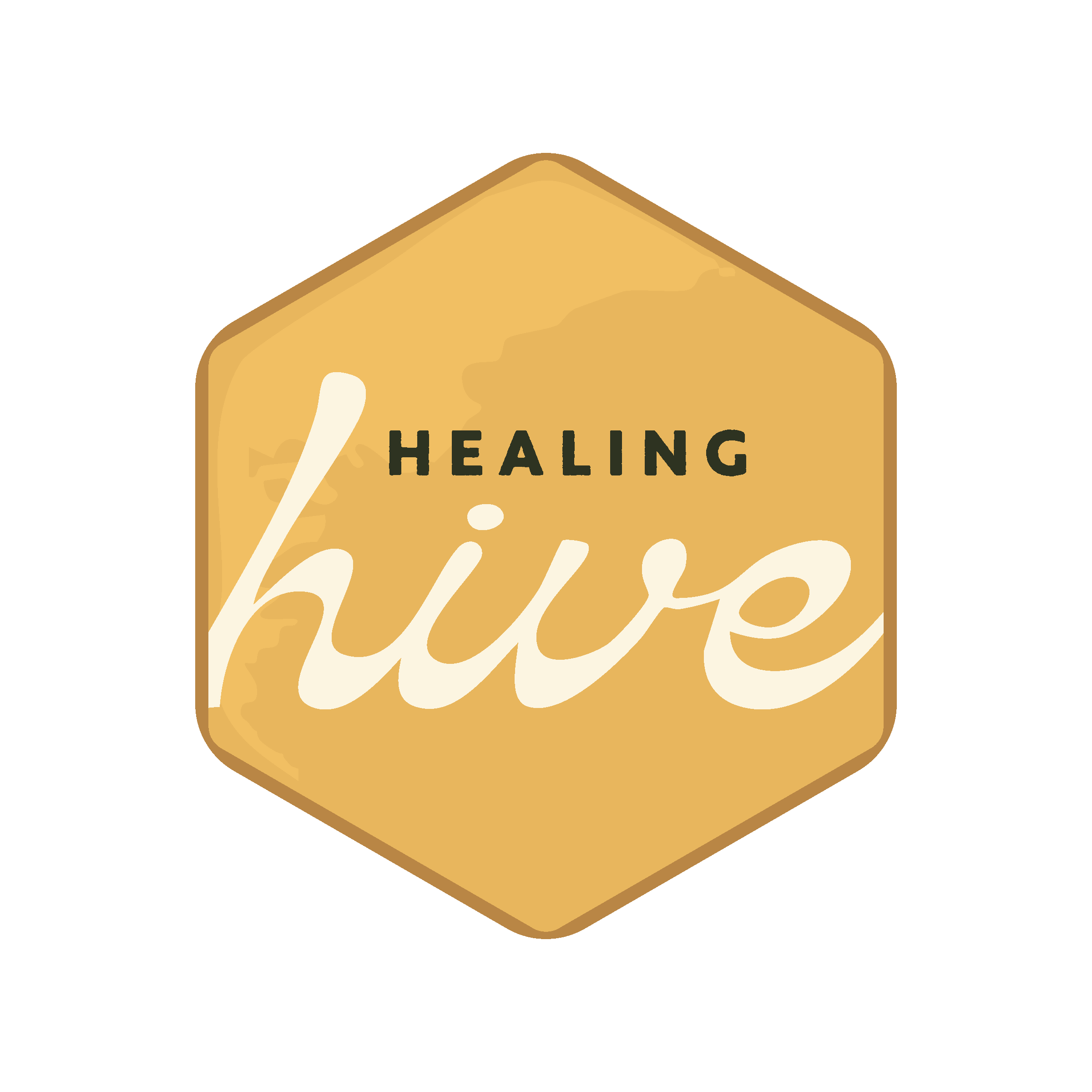 Logo with a hexagon shape featuring the words 'Healing Hives' in stylized font.