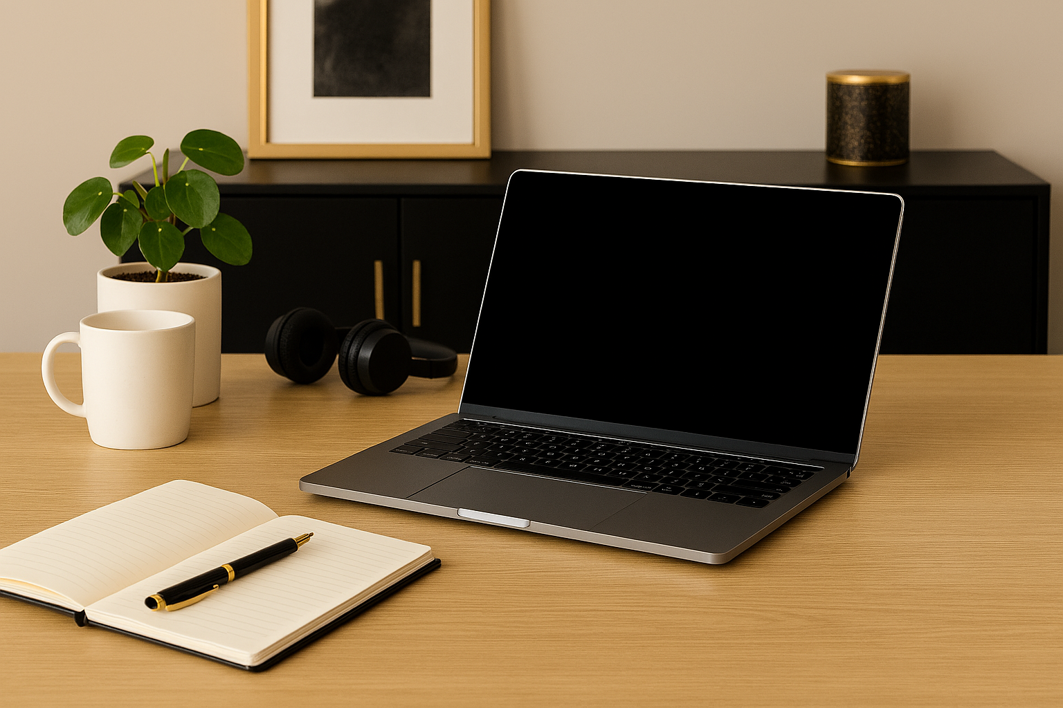 A workspace featuring a laptop with a black screen, an open notebook with a pen, a potted plant, a mug, a pair of black over-ear headphones, and a black cabinet with a framed picture and a decorative container in the background.