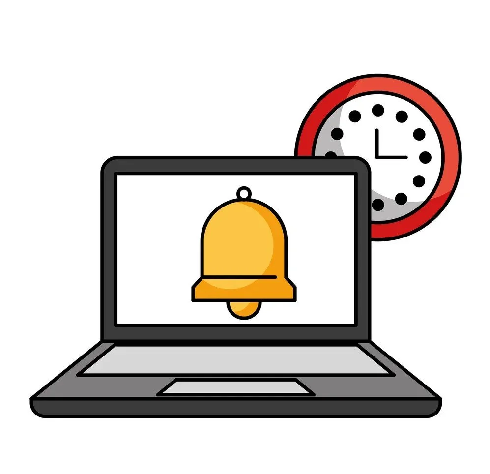 Laptop with a notification bell icon on the screen, a clock showing 3:00, and a white background.
