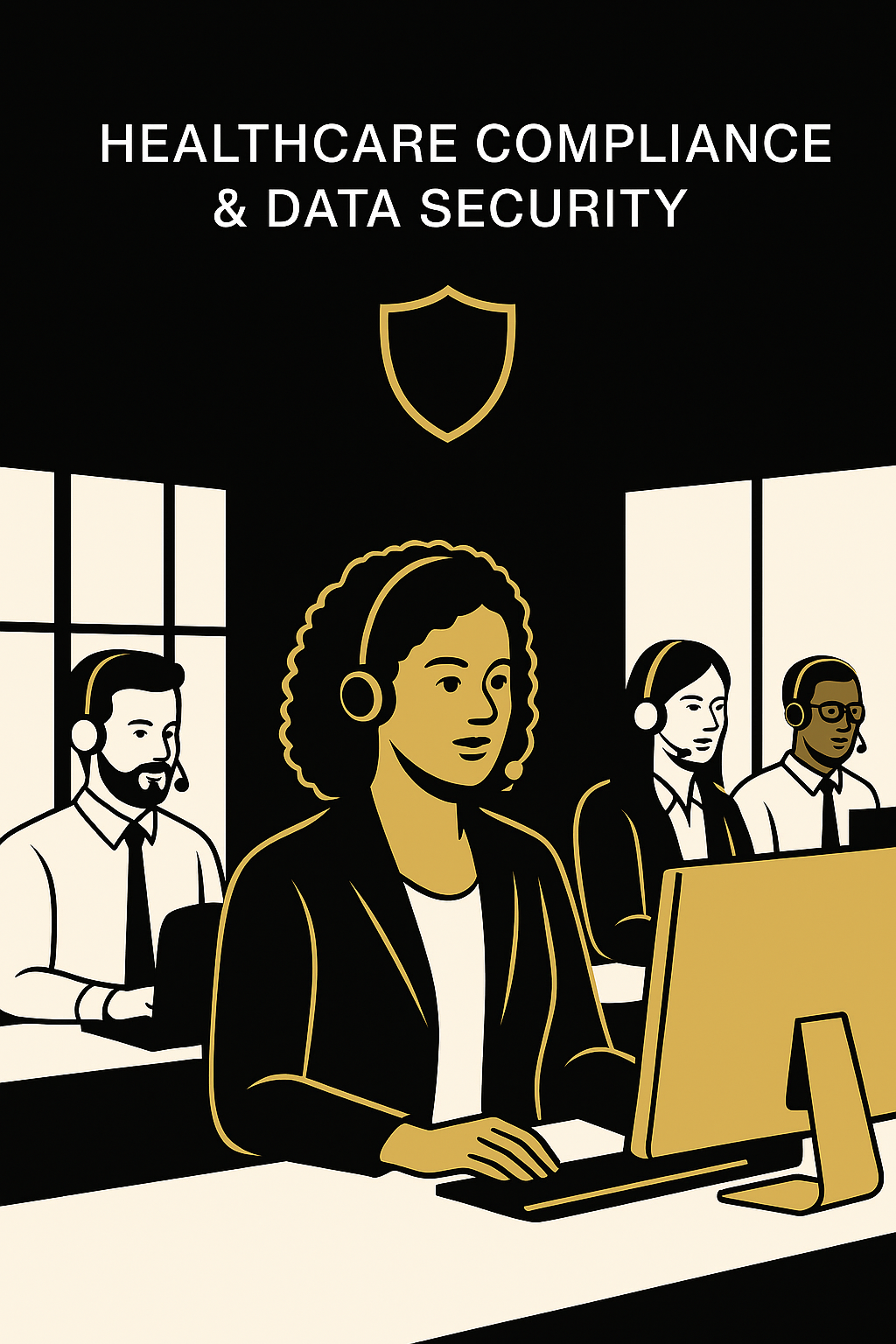 Illustration of a call center with four agents wearing headsets, with the text 'Healthcare Compliance & Data Security' above them.