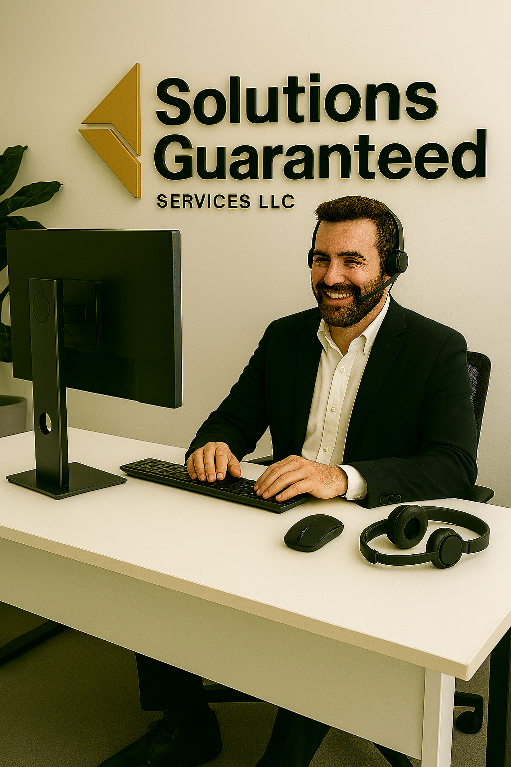 A man in a business suit with a headset sitting at a white desk with a computer, mouse, keyboard, and headphones, smiling. Behind him is a wall sign that reads "Solutions Guaranteed SERVICES LLC".