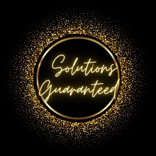 Gold sparkles surrounding a black circular background with the phrase 'Solutions Guaranteed' in glowing gold script