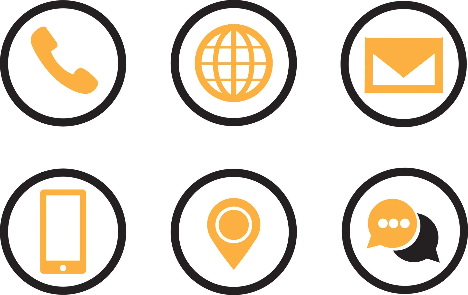 Collection of six communication icons in black and orange: a phone, a globe, an envelope, a smartphone, a location marker, and speech bubbles.