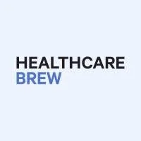 Healthcare Brew logo with black and blue text on a white background
