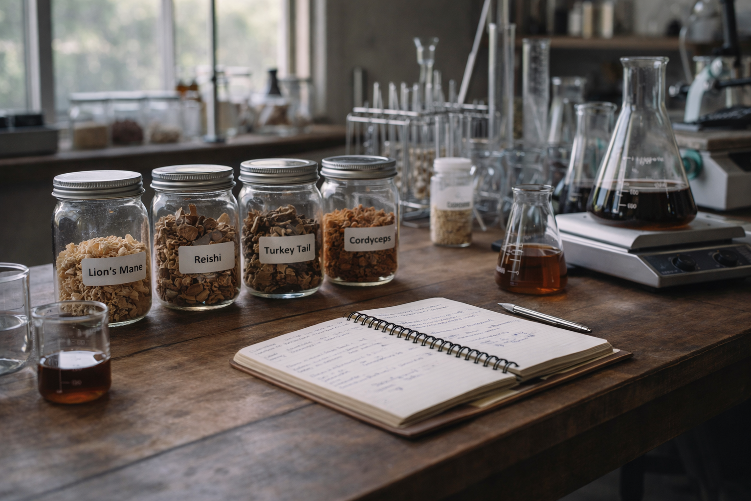 Laboratory workspace with jars labeled 'Lion's Mane,' 'Reishi,' 'Turkey Tail,' and 'Cordyceps,' alongside beakers, notebooks, and scientific equipment.