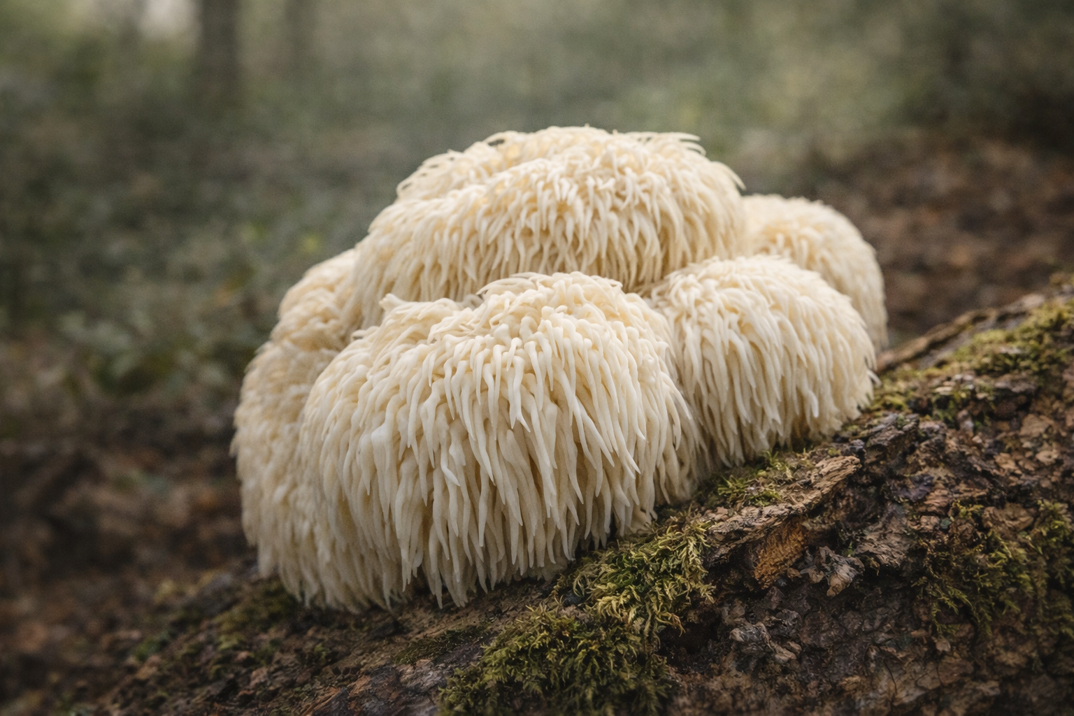 Cluster of white, shaggy Lion's Mane mushrooms growing on a moss-covered log in a forest.