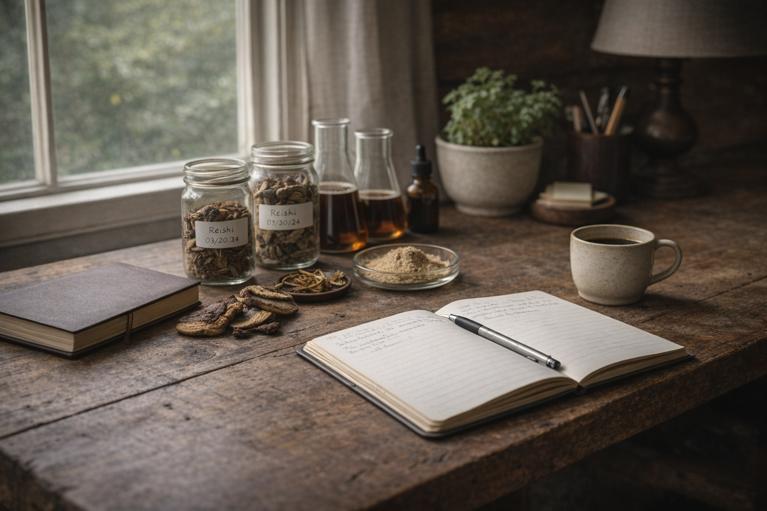 A rustic wooden table by a window with a book, a notebook, a pen, a cup of coffee, jars labeled 'Reishi' with dried mushrooms, glass bottles of liquid, a bowl of powder, a plate of dried herbs, a potted plant, and a lamp.