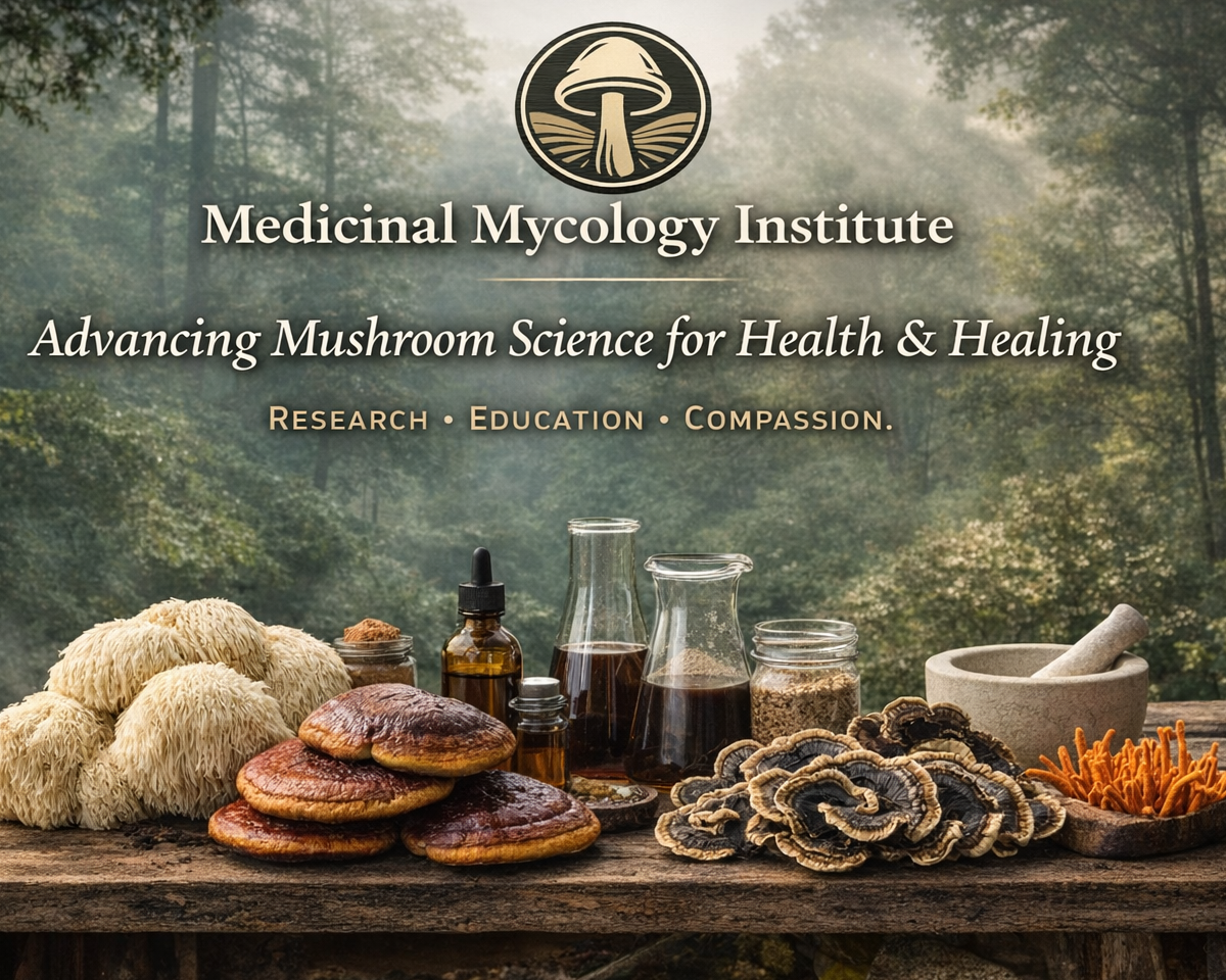Display of various medicinal mushrooms, including reishi, turkey tail, and others, with bottles of liquids and a mortar and pestle on a wooden table against a forest background.
