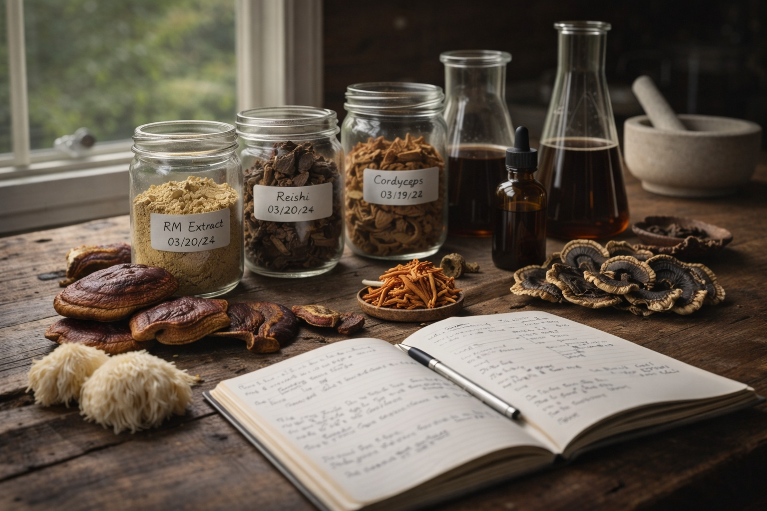 A rustic wooden table holds jars labeled with herbal ingredients, dried mushrooms, and a small bottle of liquid. Dried fungus and mushrooms are scattered on the table, alongside an open notebook with handwritten notes and a pen. A mortar and pestle sit in the background near a window with natural light.