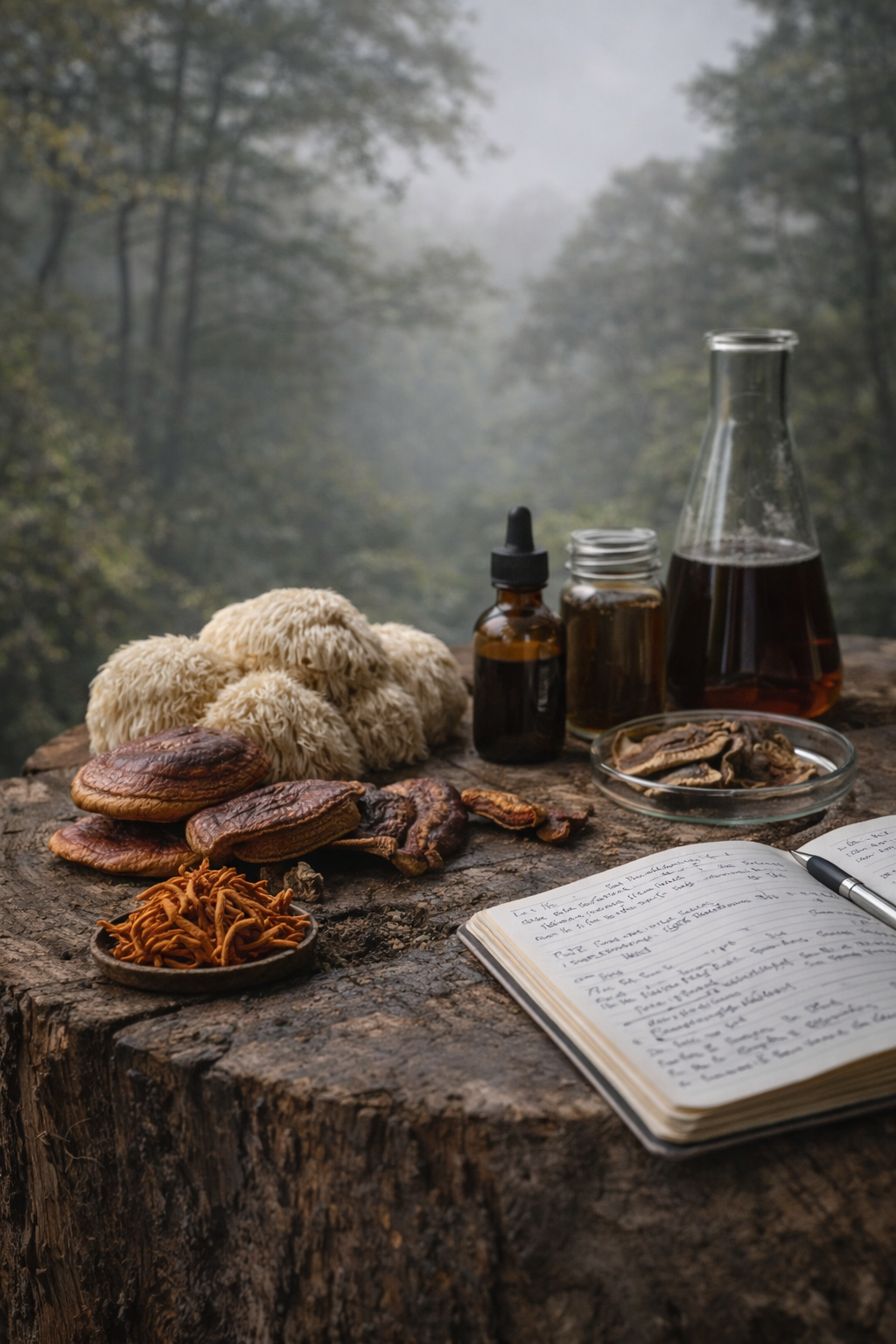 Natural outdoor scene with a tree stump serving as a table, displaying some dried mushrooms, bottles of herbal tinctures, a glass jar of liquid, a beaker, and a notebook with handwritten notes and a pen, against a misty forest background.
