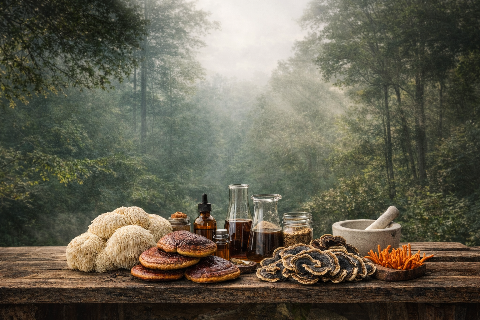 A wooden table outdoors with forest background, holding various medicinal mushrooms, bottles with liquids, a mortar and pestle, and small jars of herbs, illustrating natural remedies.