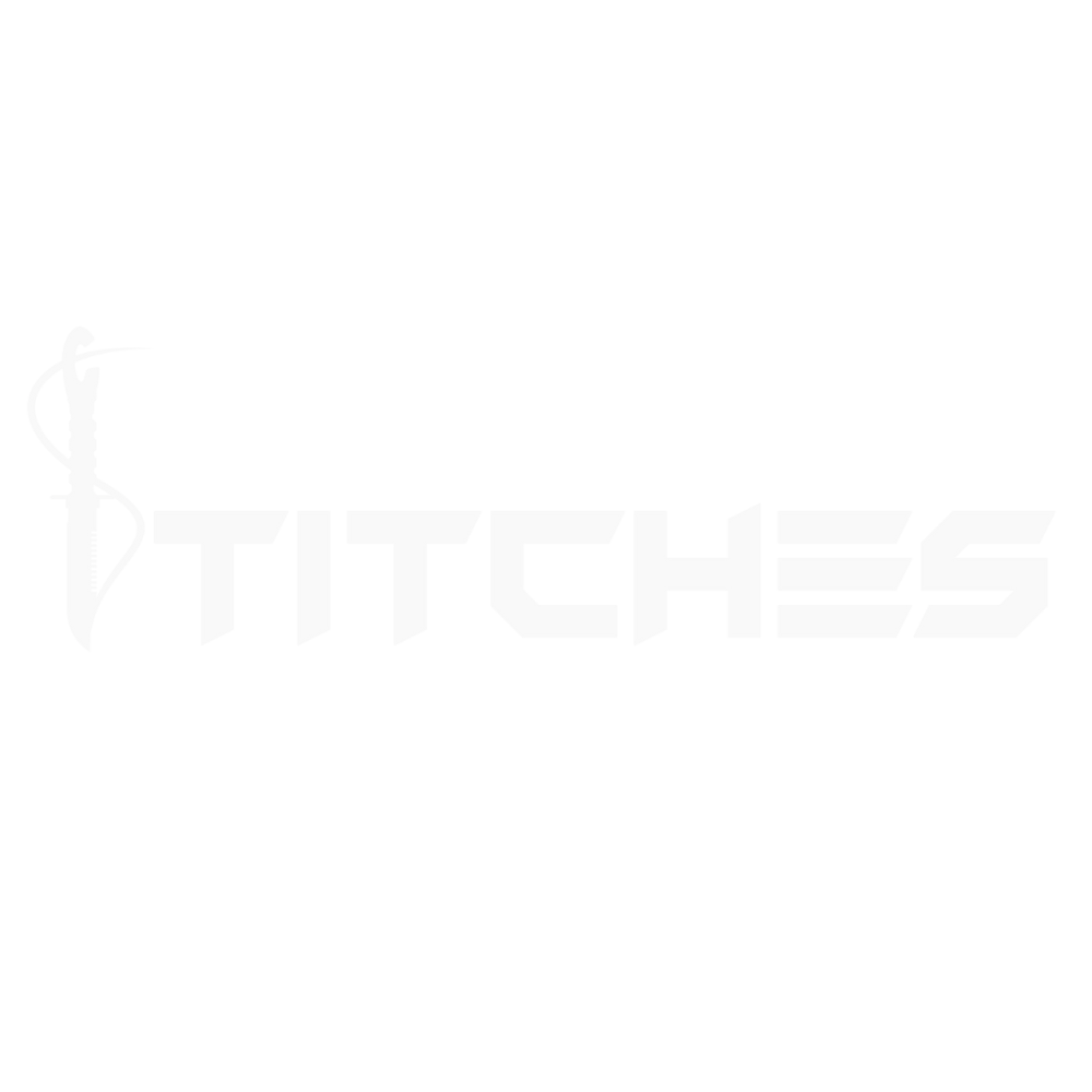 Black background with white text that says "Stitches" and an illustration of a needle with thread forming the letter "I".