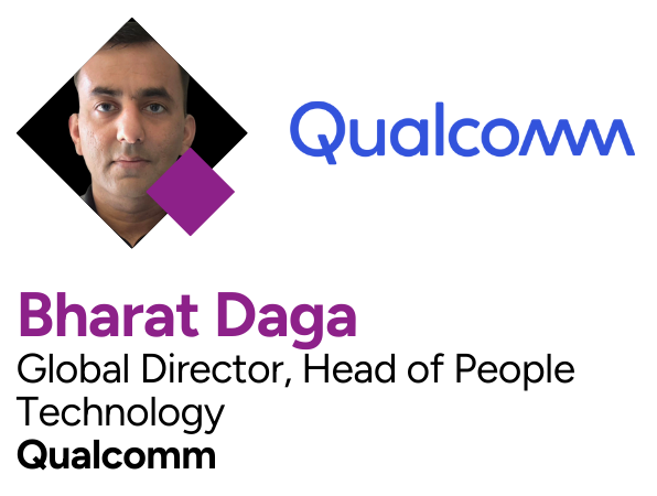 Business card for Bharat Daga, Global Director, Head of People Technology at Qualcomm, featuring a photo of him and company logos.