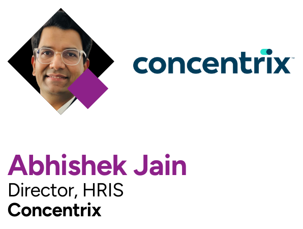 Business card featuring a professional portrait of Abishek Jain, Director of HRIS at Concentrix, with the company logo and his name in purple text.