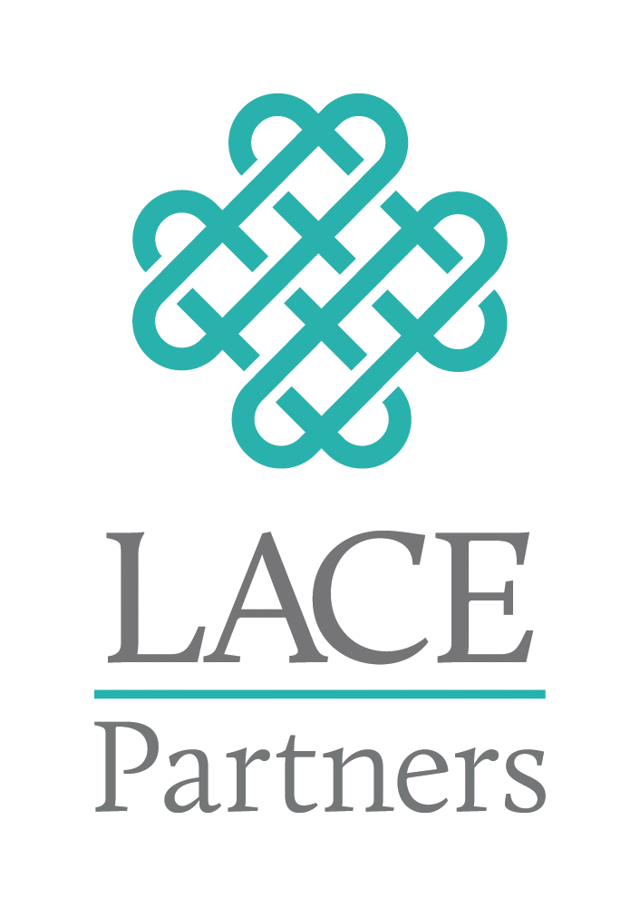 A logo for Lace Partners featuring a teal intricate knot design above the words 'LACE Partners' with 'LACE' in large gray font and 'Partners' in smaller gray font separated by a teal line.