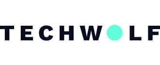TECHWOLF logo with text in dark and light blue