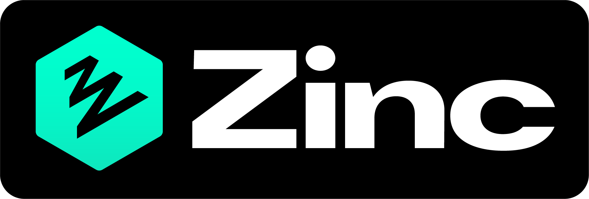 Zinc logo with a teal hexagon and black ZZZ symbol, and white text reading 'Zinc' on black background.