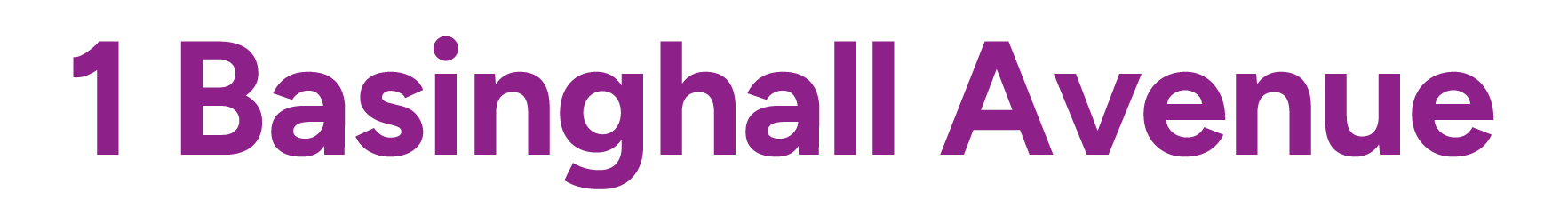 Text that reads '1 Basinghall Avenue' in large purple font.