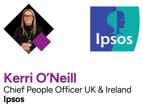 A professional business card for Kerri O'Neill, Chief People Officer UK & Ireland at Ipsos, features her portrait, the Ipsos logo, and her contact information.