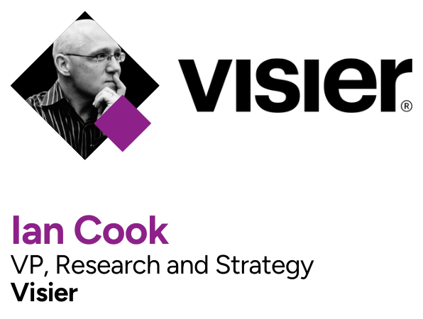 Black and white portrait of Ian Cook with glasses, touching his chin, next to the Visier logo and text indicating his name and title as VP of Research and Strategy at Visier.