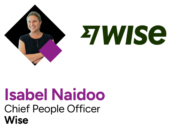 Business card for Isabel Naidoo, Chief People Officer at Wise, featuring her photo, Wise logo, and her name and title in purple and black text.