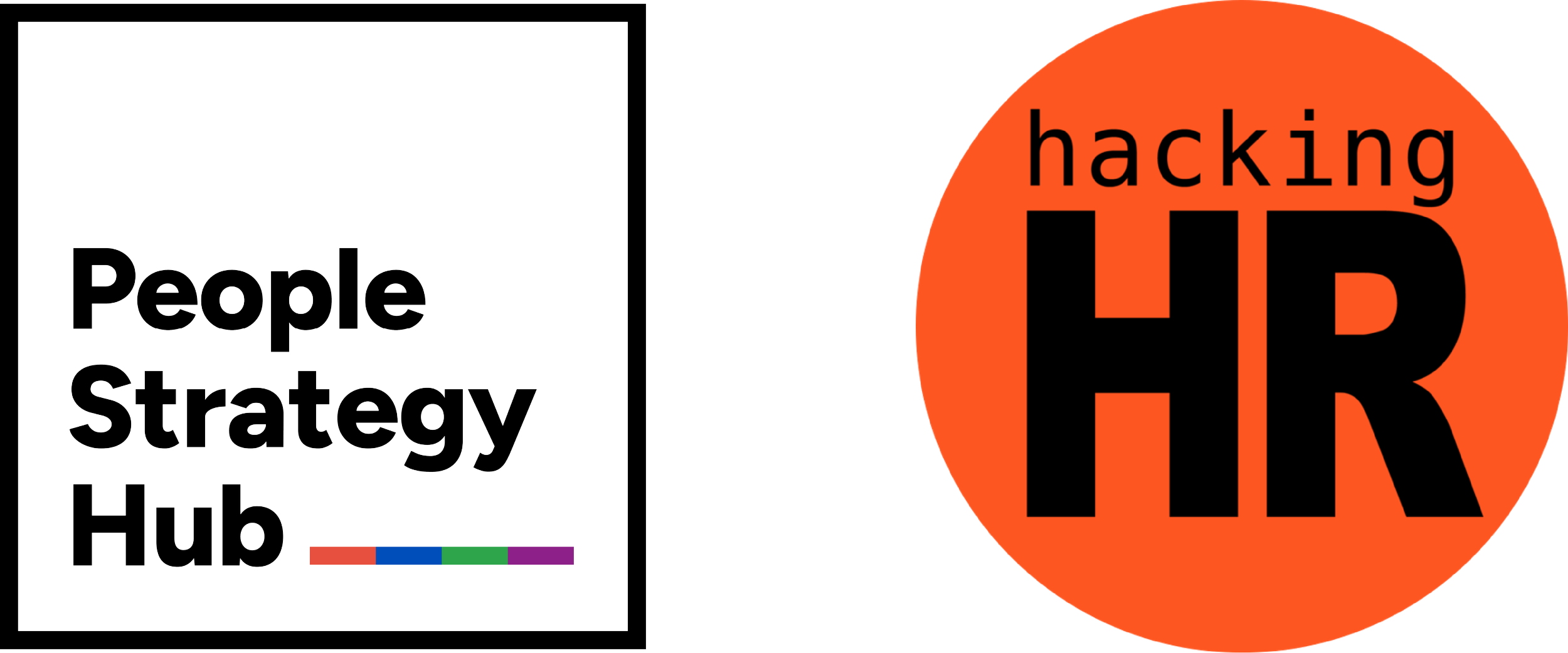 The image shows two logos. The first logo is for 'People Strategy Hub' with colored stripes underneath, and the second logo is for 'Hacking HR' with a large black 'HR' inside an orange circle.