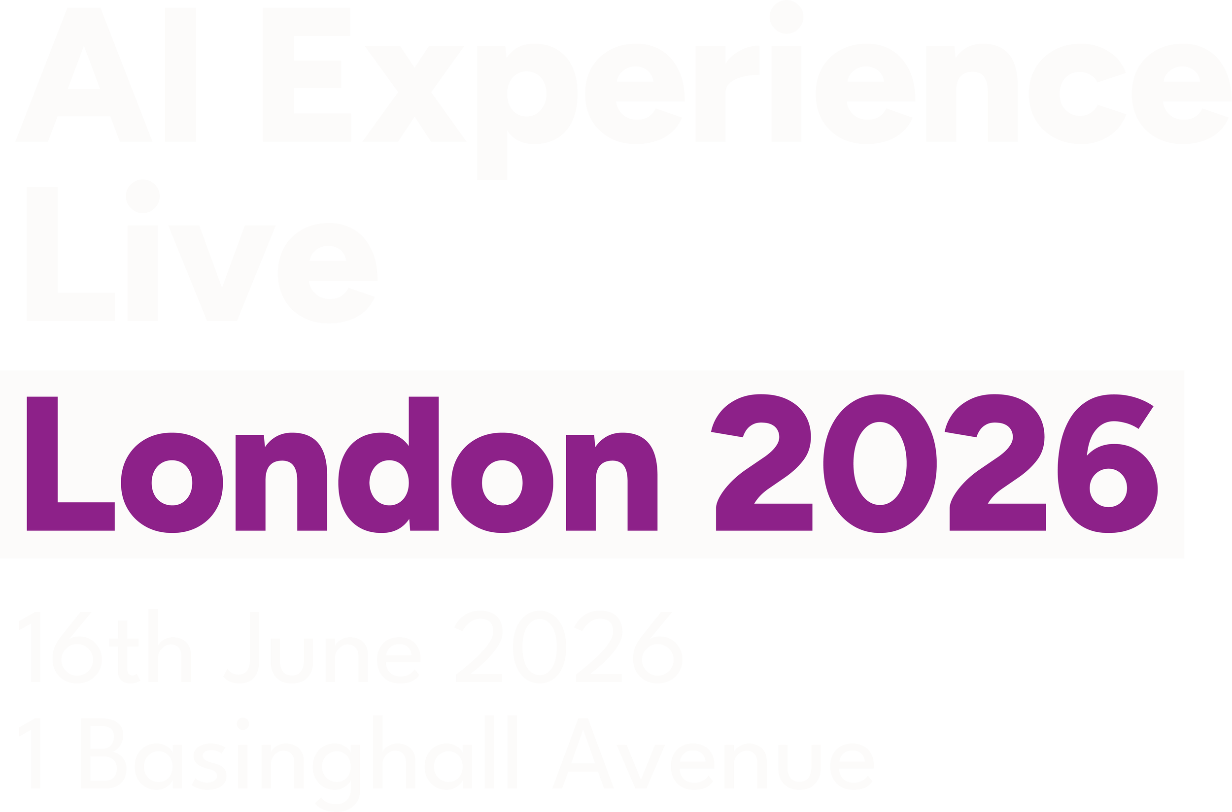 Text graphic for an event titled 'AI Experience Live London 2026' scheduled for June 16, 2026, at 1 Basinghall Avenue.