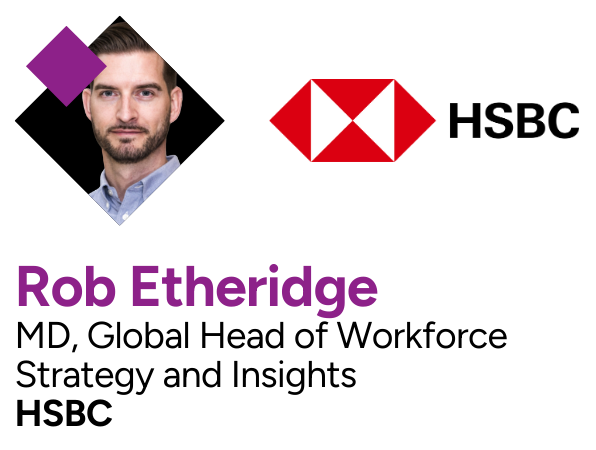 A professional profile image and name tag for Rob Etheridge, MD, Global Head of Workforce Strategy and Insights at HSBC, with the HSBC logo.