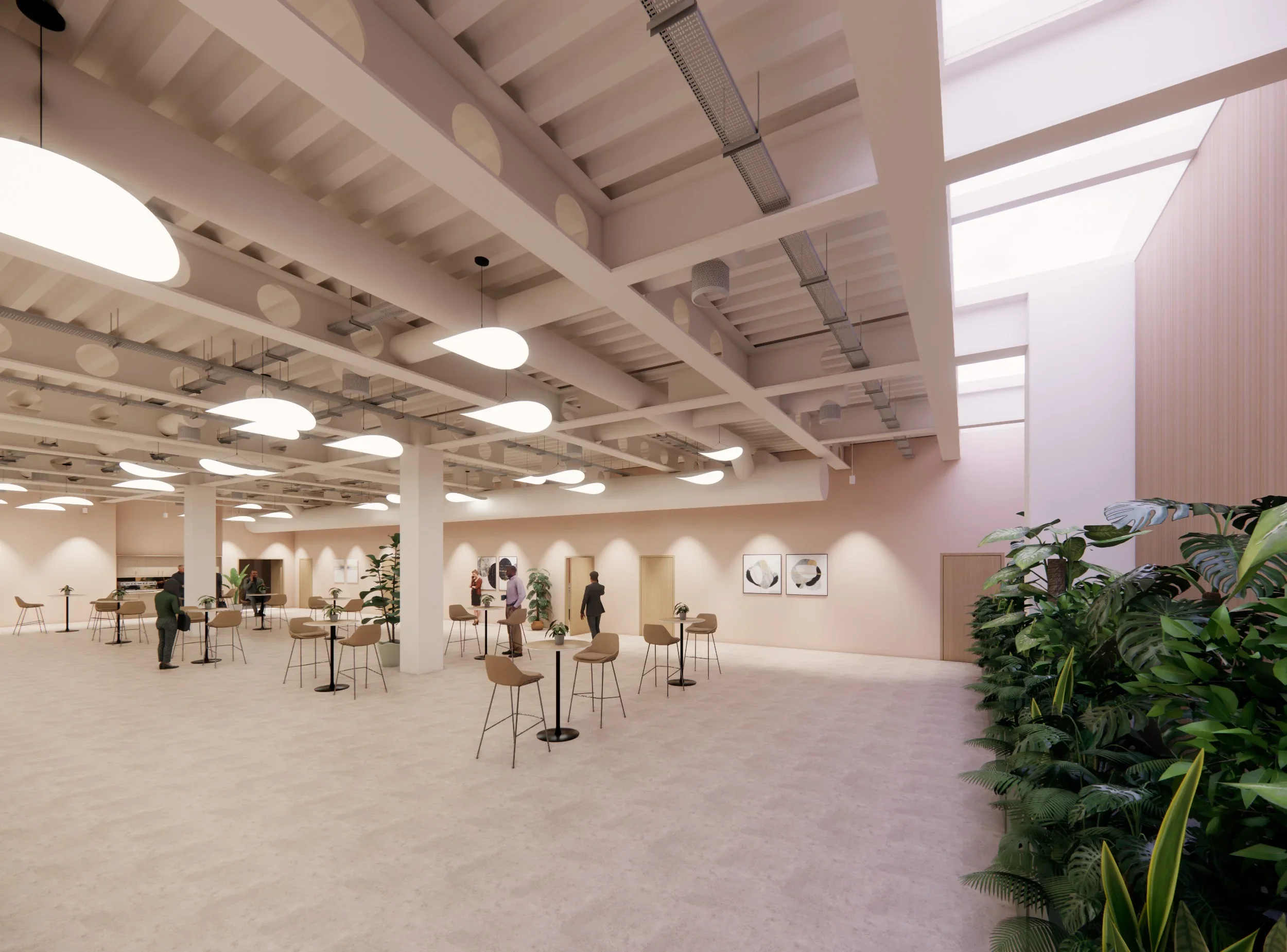 Modern, spacious interior with high ceilings, large ceiling lights, wall art, and green plants, featuring several tall tables with chairs and a few people.