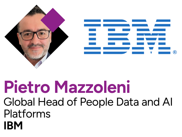 ID card featuring the IBM logo, a photo of Pietro Mazzoleni, and his title as Global Head of People Data and AI Platforms.