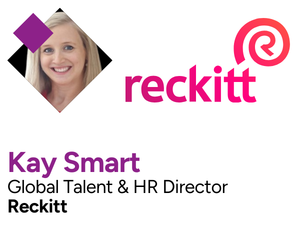 Business card for Kay Smart, Global Talent & HR Director at Reckitt, with a photo of a smiling woman and Reckitt logo.