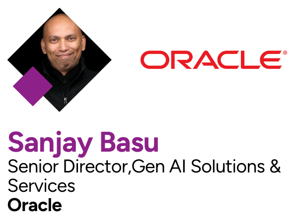 Business card with a portrait of Sanjay Basu, Senior Director of Gen AI Solutions & Services at Oracle. The card features the Oracle logo and a black, purple, and white color scheme.