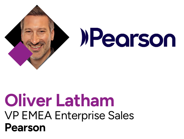Business card featuring a photo of a smiling man, the Pearson logo, and the name 'Oliver Latham' with the title 'VP EMEAA Enterprise Sales'.