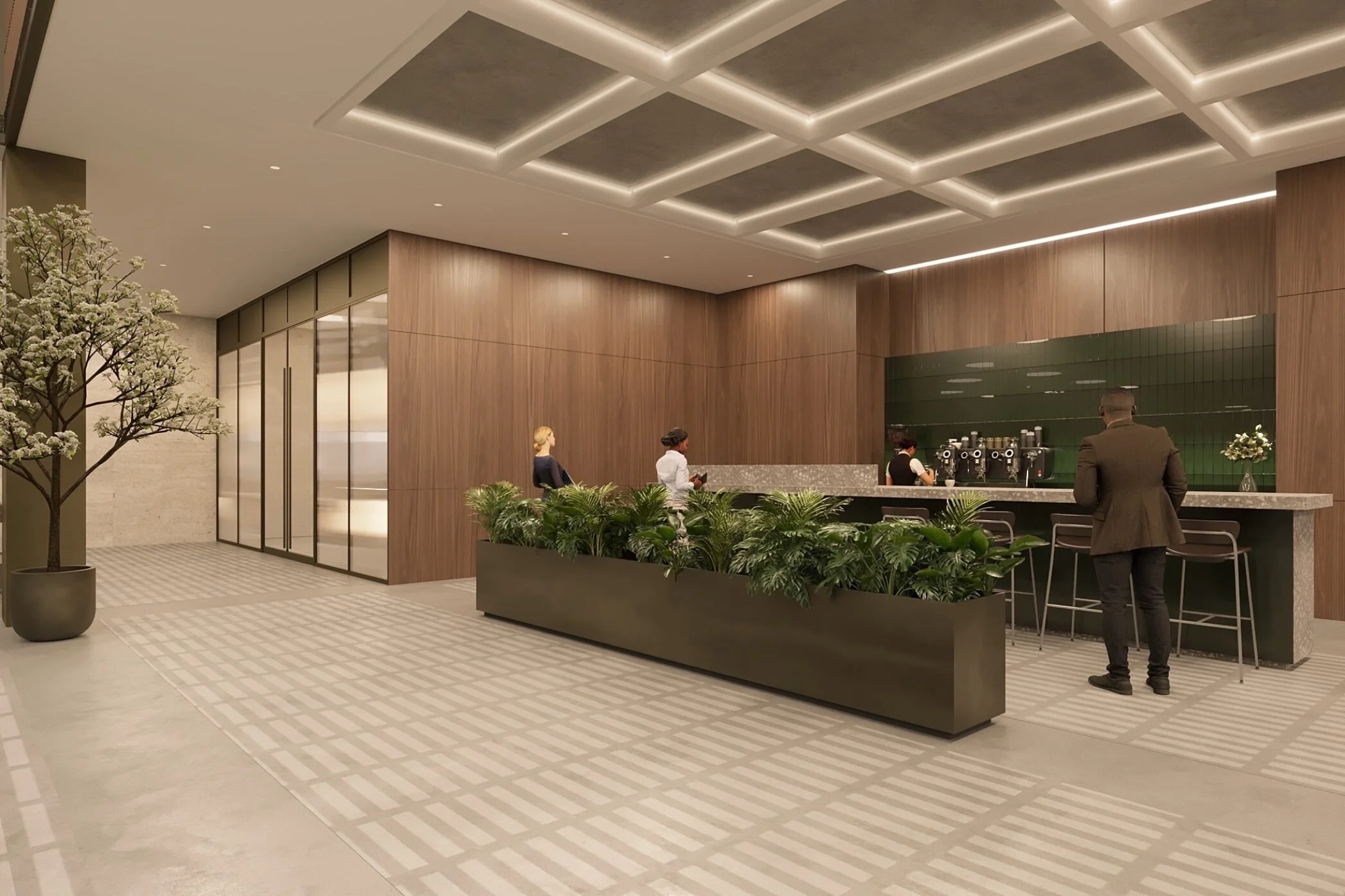 Modern hotel lobby with a coffee bar area, plants, and a decorative tree, featuring wood paneling and ceiling lighting.