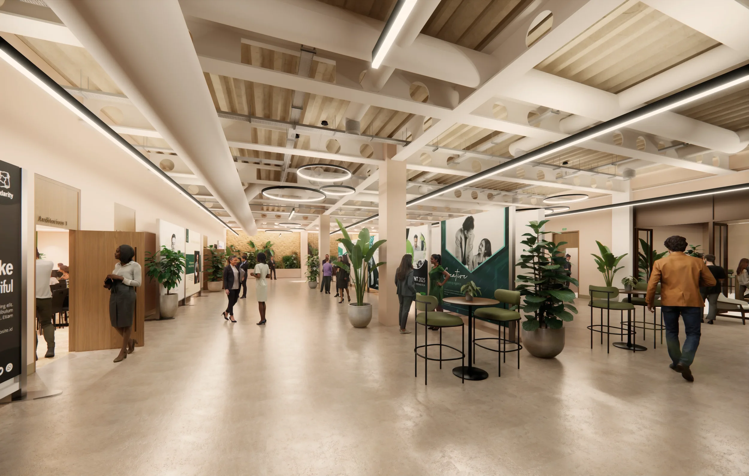 Spacious modern indoor lobby or reception area with people walking, talking, and sitting, decorated with potted plants, green and black accents, and contemporary lighting fixtures.