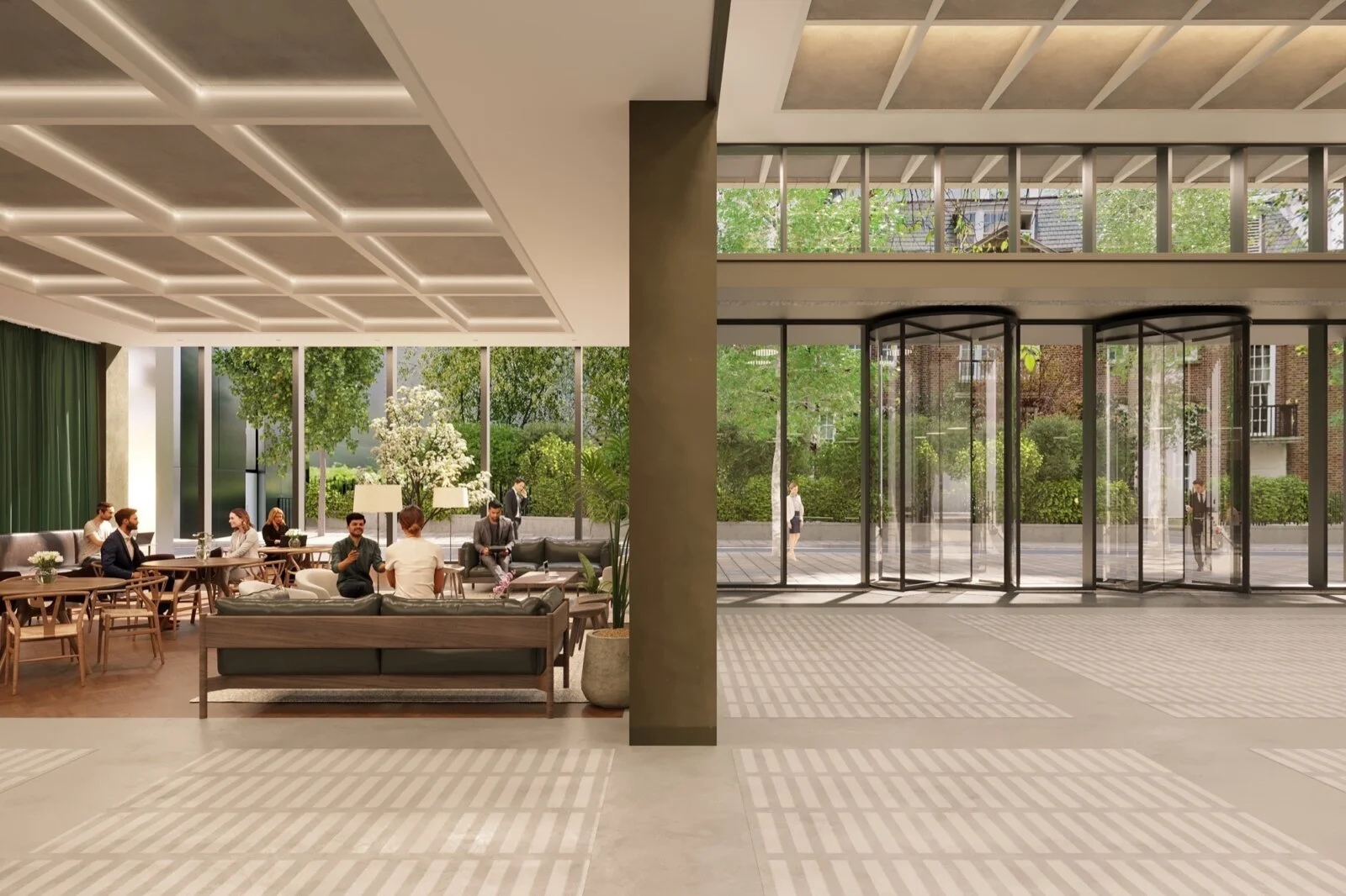 Interior of a modern lobby with large glass windows showing outdoor trees, people inside sitting and talking, with a view of the outdoor area and people walking by.