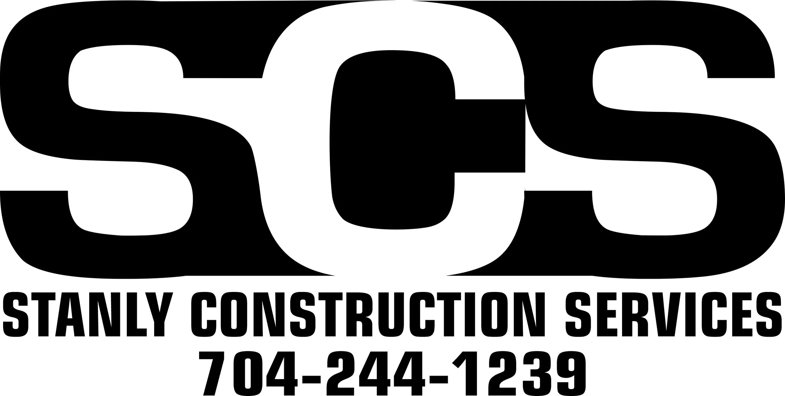 Black and white logo for Stanly Construction Services with the phone number 704-244-1239.