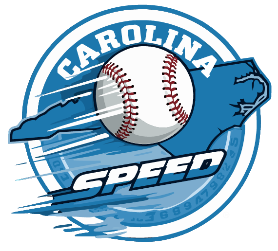 Logo featuring a baseball with a blue swoosh and the words 'CAROLINA SPEED' in bold letters, emphasizing speed and motion.