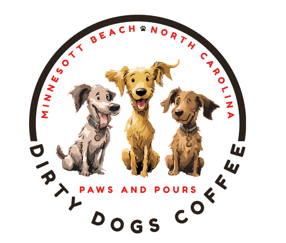 A circular logo featuring three illustrated dogs in the center. Text around the circle reads "Minnesott Beach North Carolina," "Paws and Pours," and "Dirty Dogs Coffee."