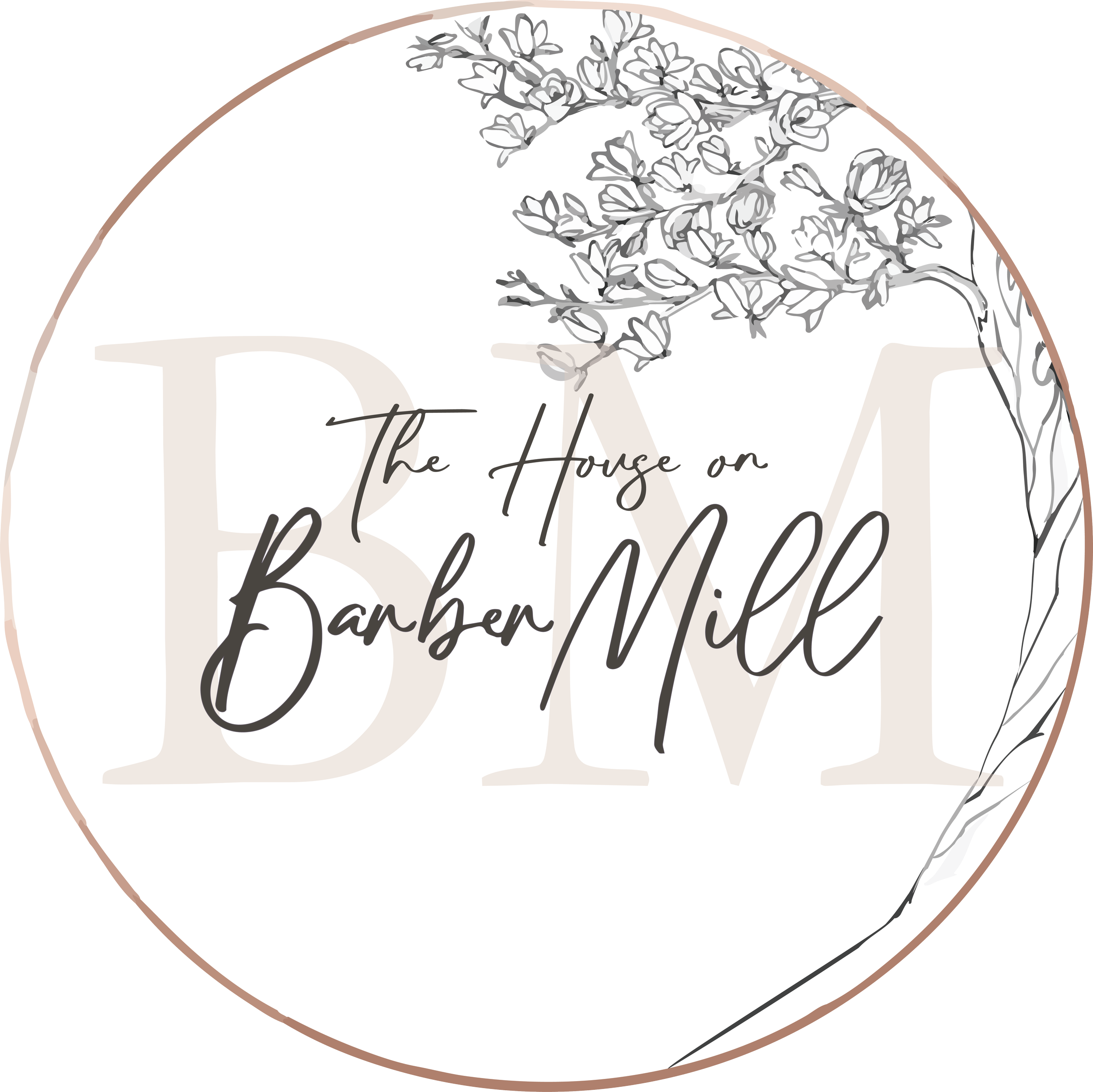 Decorative logo for The House on Barber Mill, featuring a circular design with a sprig of flowers in the upper right and stylized text in the center.