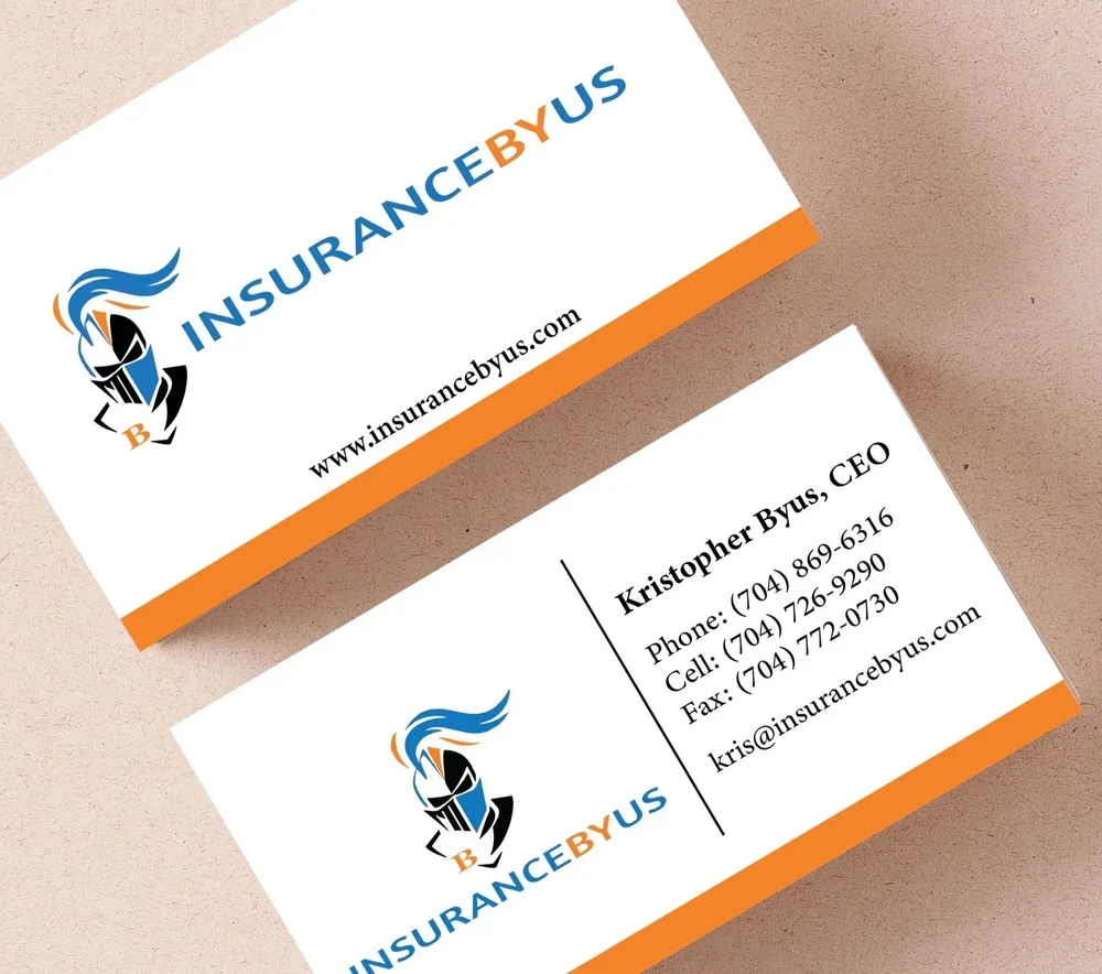 Business cards for Insurance By Us featuring a horse logo, website www.insurancebyus.com, and contact details for Kristopher Bynus, CEO, including phone, cell, fax, and email.