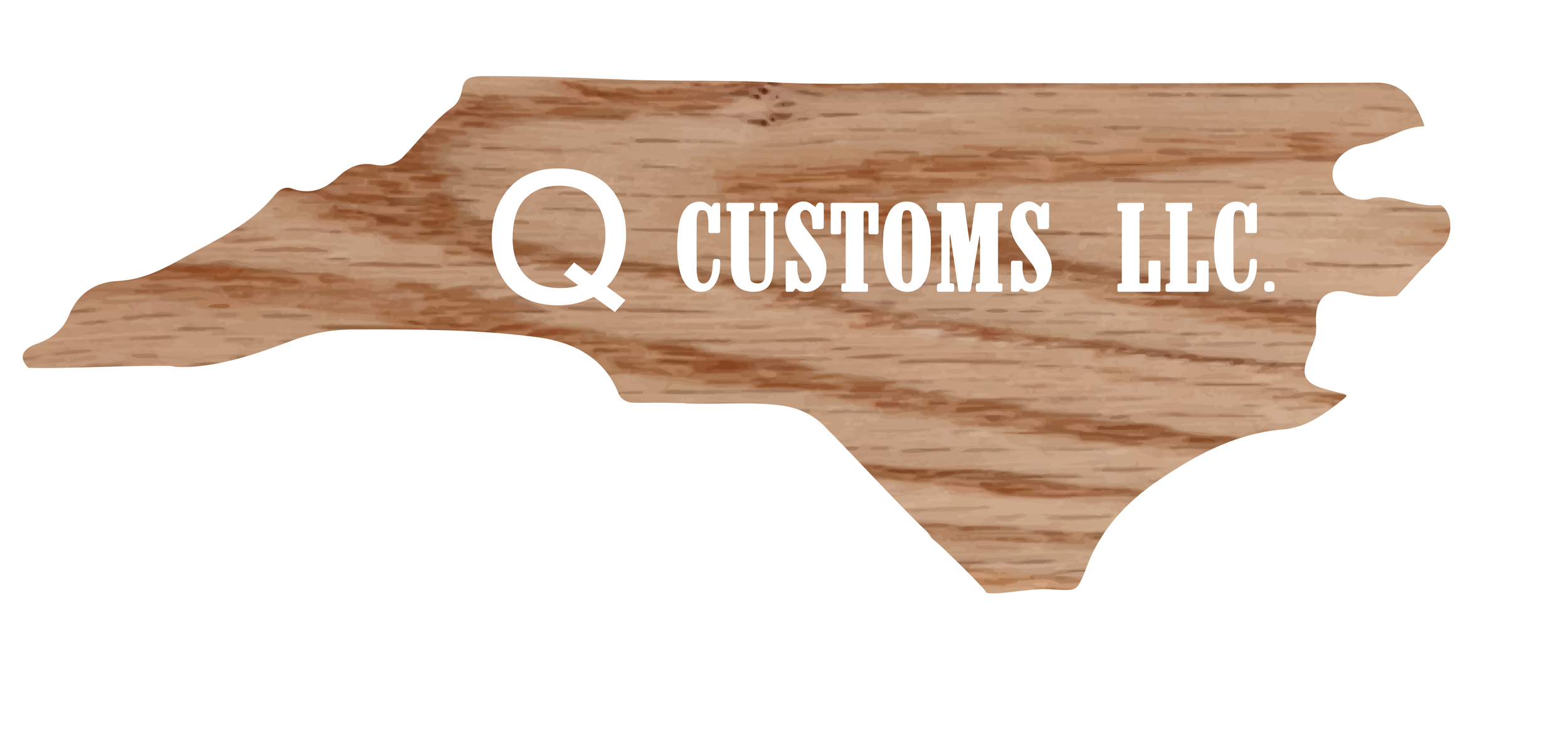 Wooden North Carolina-shaped sign with text 'Q Customs LLC.'